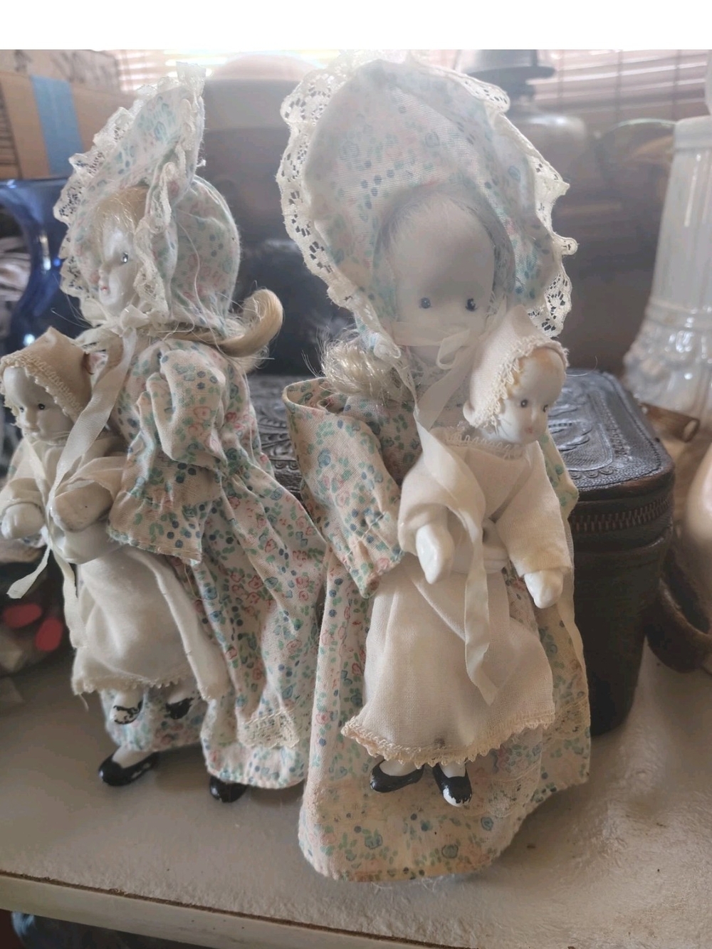 Vintage Porcelain Mother and Child Dolls in Floral Bonnets